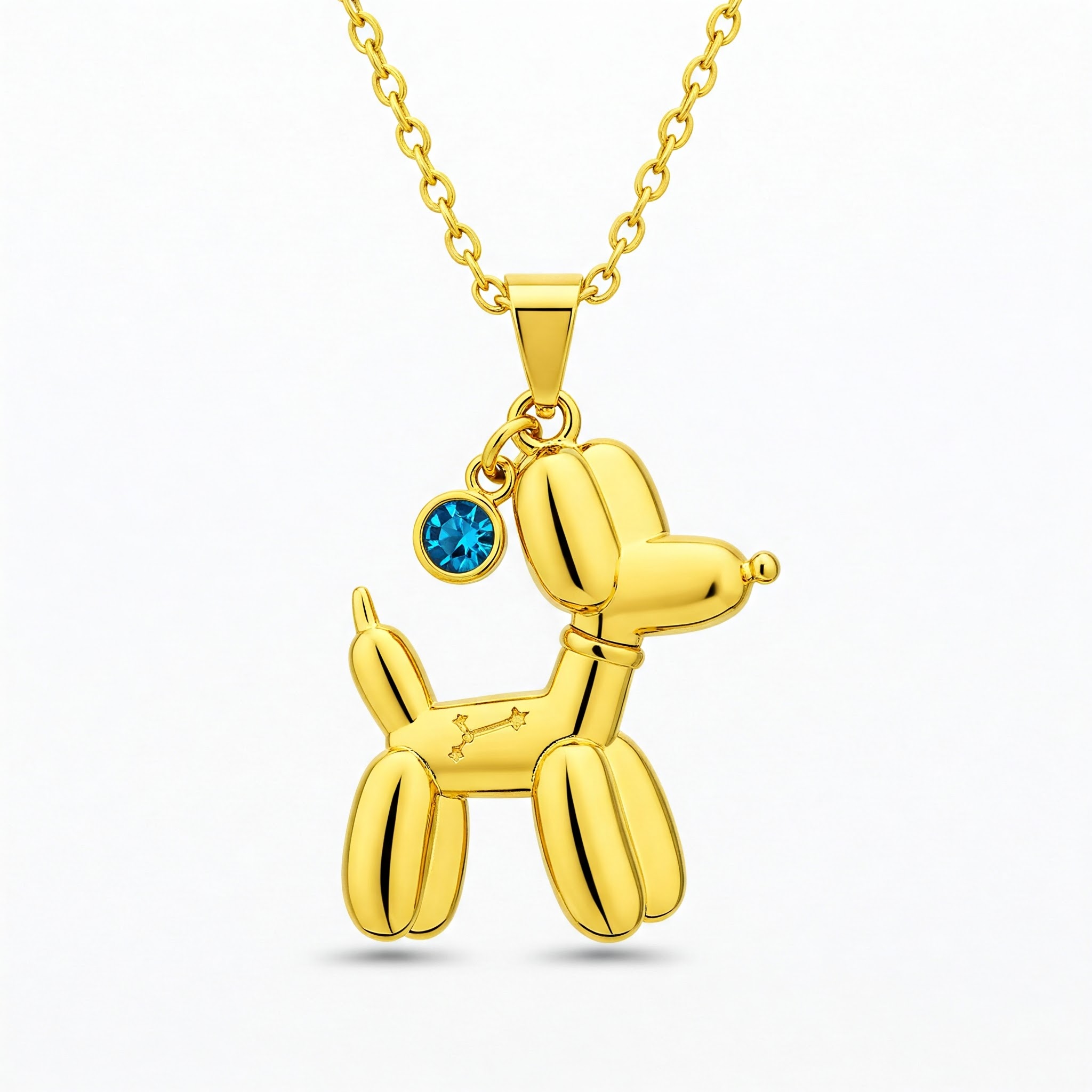 Gold Balloon Dog Pendant Necklace - Stainless Steel with Blue Gemstone Charm and Engraved Stars